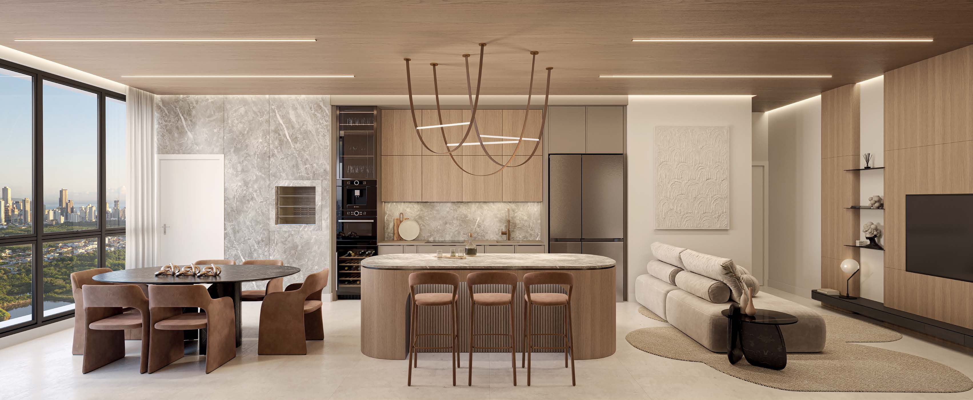 Living integrado com cozinha no Aura Residence
