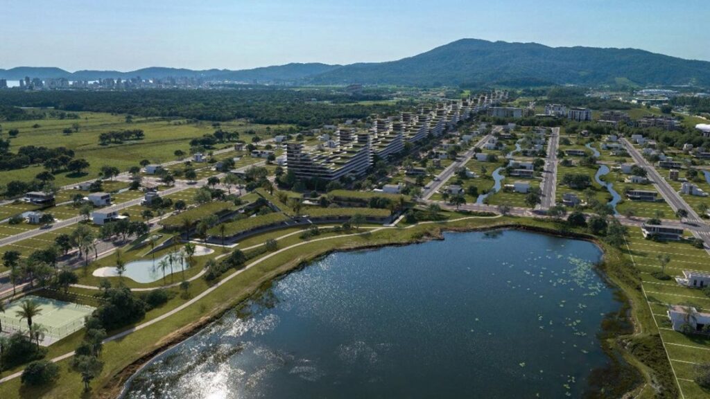 Projeção ilustrativa do bairro planejado Porto Belo Lagos e seus lagos