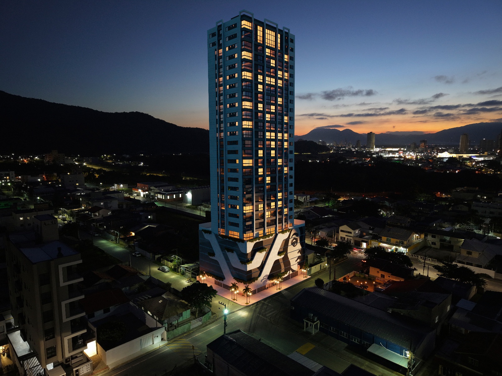 Fachada noturna do Voya Residence, projeto exclusivo ONOVO em Porto Belo
