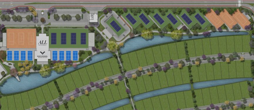 Projeção ilustrativa do Rafa Nadal Tennis Center e do setor Tennis no ALL Resort Club Residence, em Porto Belo