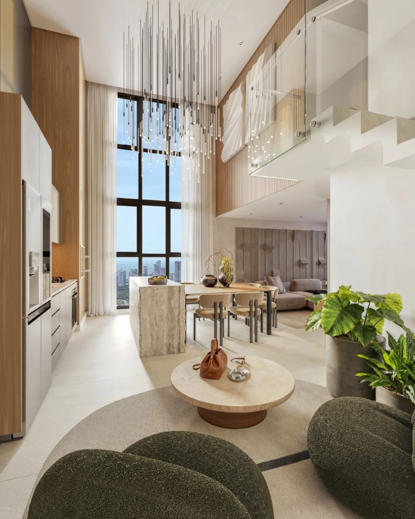 Living duplex com pé-direito duplo e vista para o mar no Costa Serenità