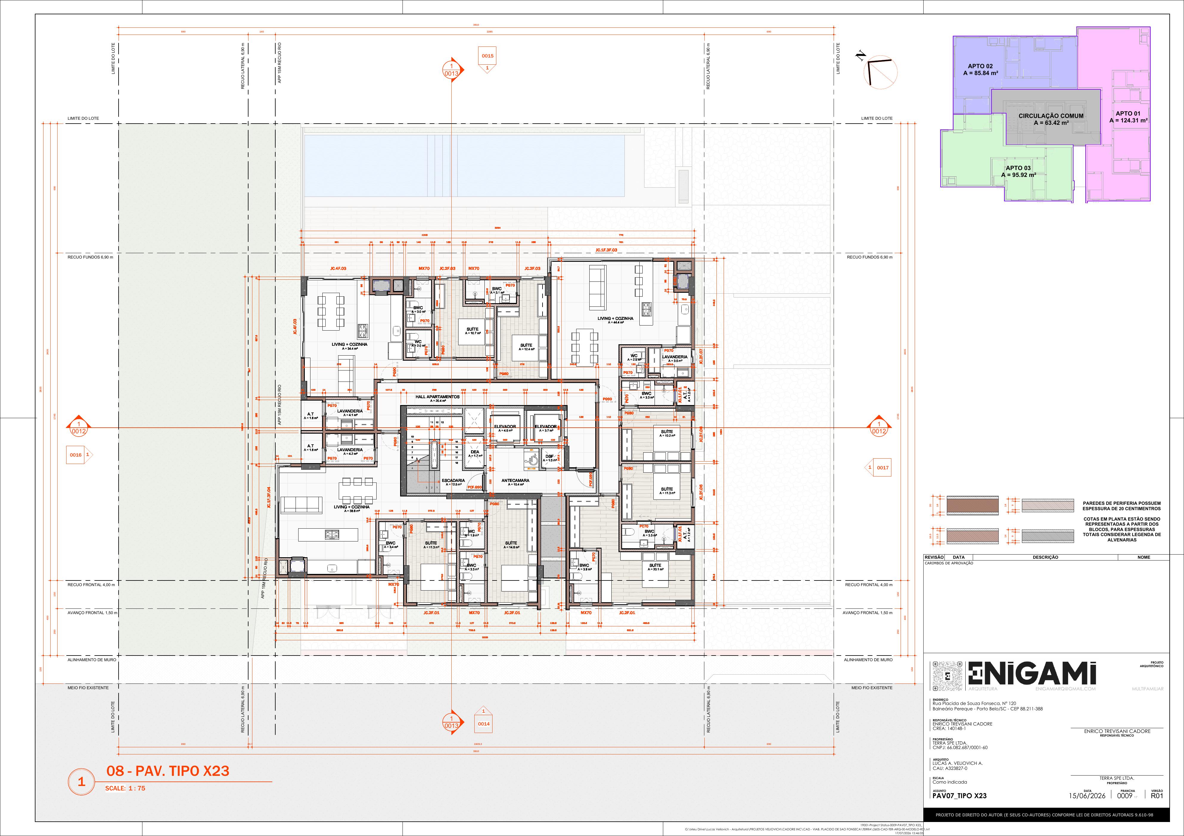 Planta do pavimento tipo do Terra Tower com os apartamentos de 124,31 m², 95,92 m² e 85,84 m²