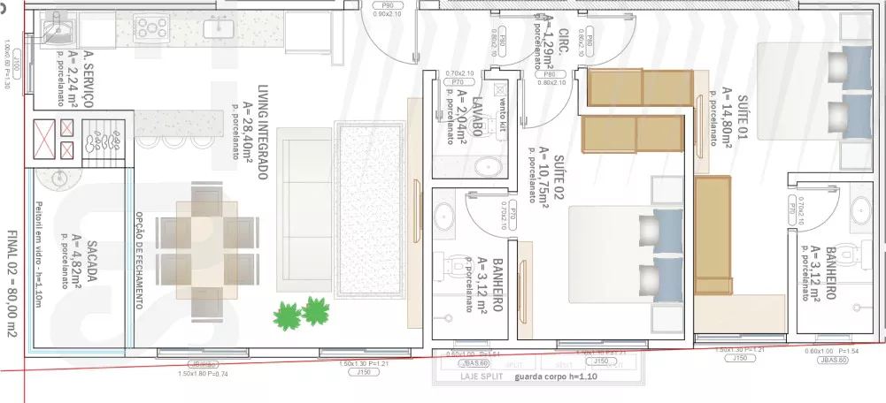 Planta humanizada do apartamento de 2 suítes e 80 m² do Milano 062